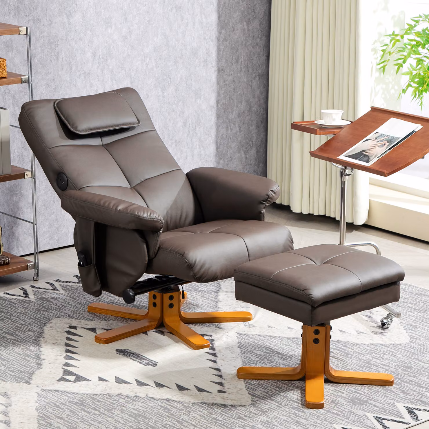 HOMCOM Faux Leather Massage Recliner Chair with Storage Ottoman in Brown – 2