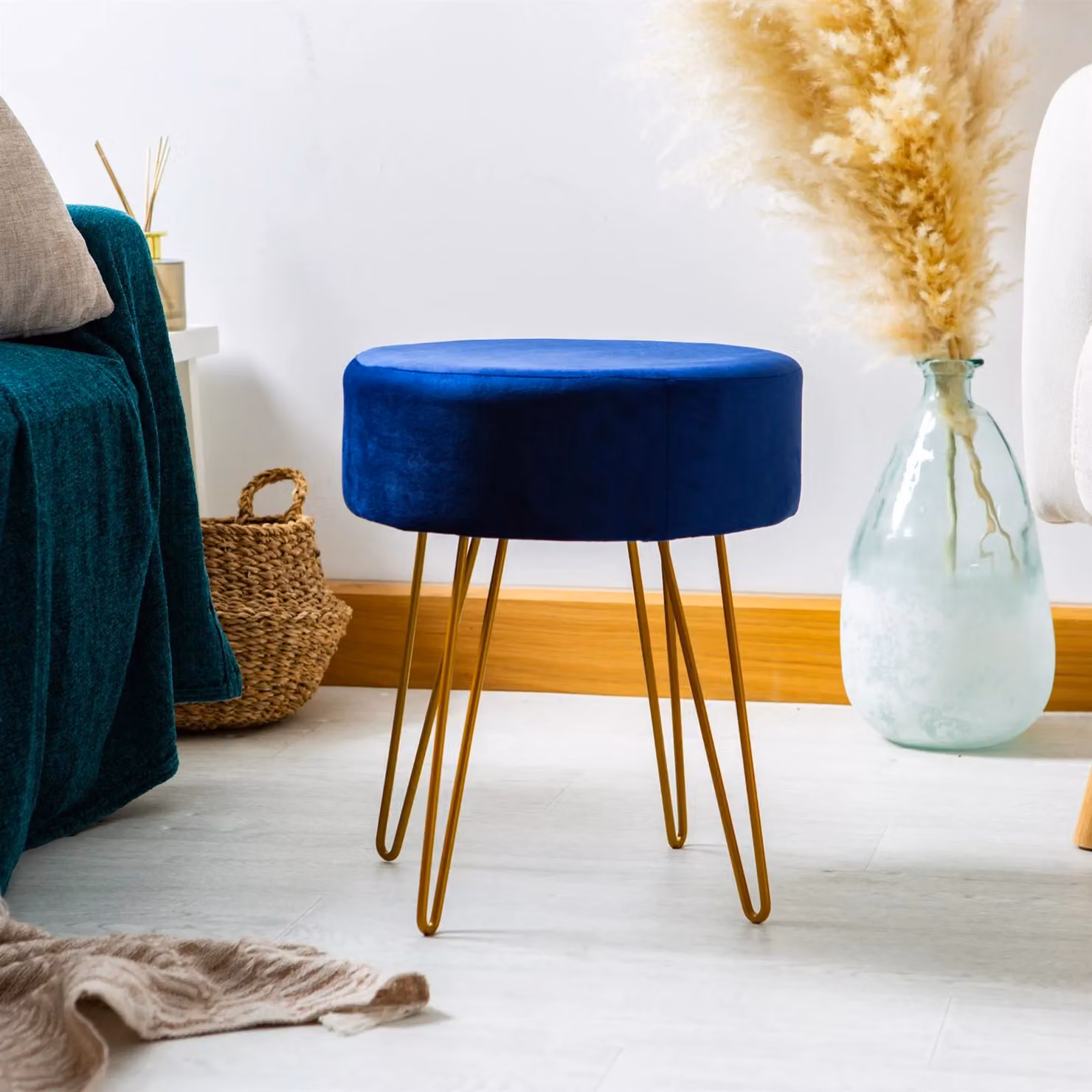 Harbour Housewares Round Blue Velvet Footstool with Gold Hairpin Legs, H40 x D35 cm – 6