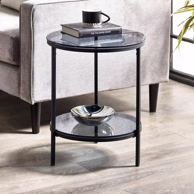 Julian Bowen Chicago Round Lamp Table with Shelf in Black and Smoked Glass