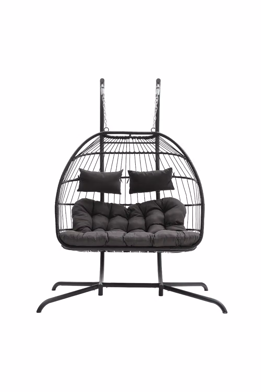 Living and Home 2-Seater Outdoor Hanging Egg Chair in Black Rattan and Metal – 4