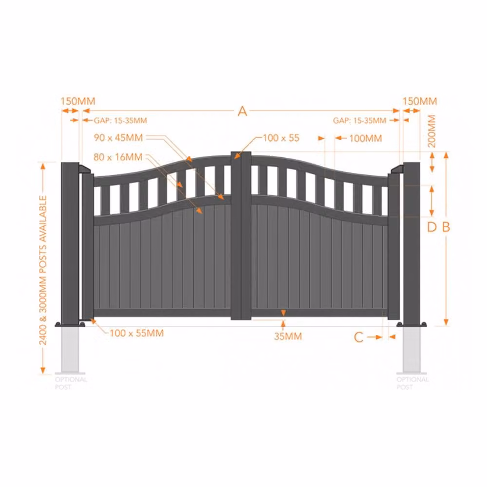 Ready Made Double Swing Gate in Grey with Vertical Solid Infill, W: 350 cm, H: 180 cm – 2