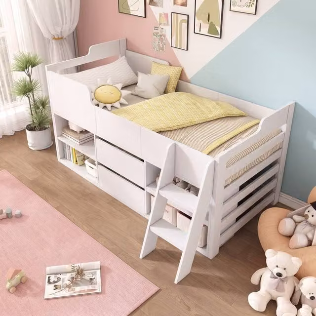 STILVORA Mid Sleeper Cabin Bed with Storage Drawers and Bedside Shelf in White, Single 90x190 cm