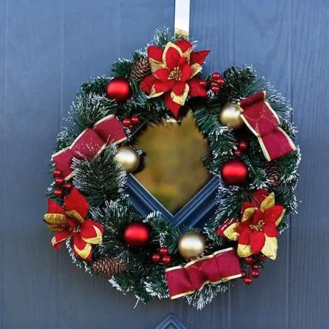 Marco Paul Christmas Artificial Poinsettia Wreath Decoration in Red, Green and Gold, Diameter: 40 cm