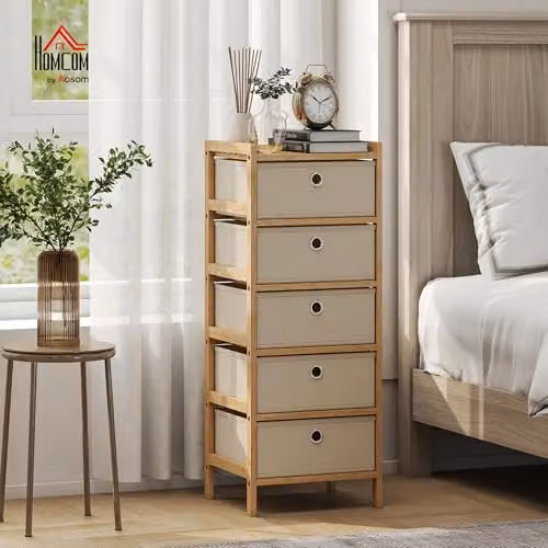 HOMCOM Chest of Drawers with Bamboo Frame and 5 Fabric Drawers in White – 2