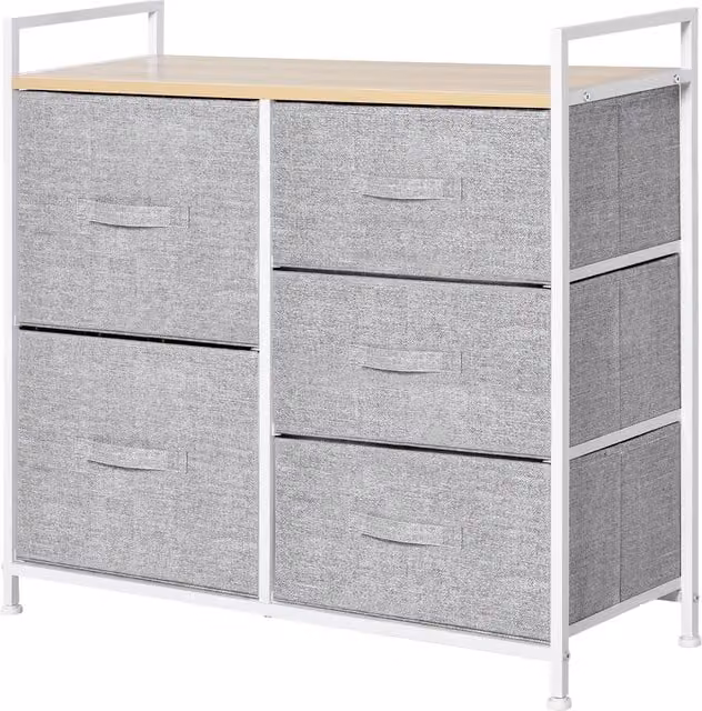HOMCOM 5 Drawer Grey Linen Storage Chest with Metal Frame and Shelf – 1
