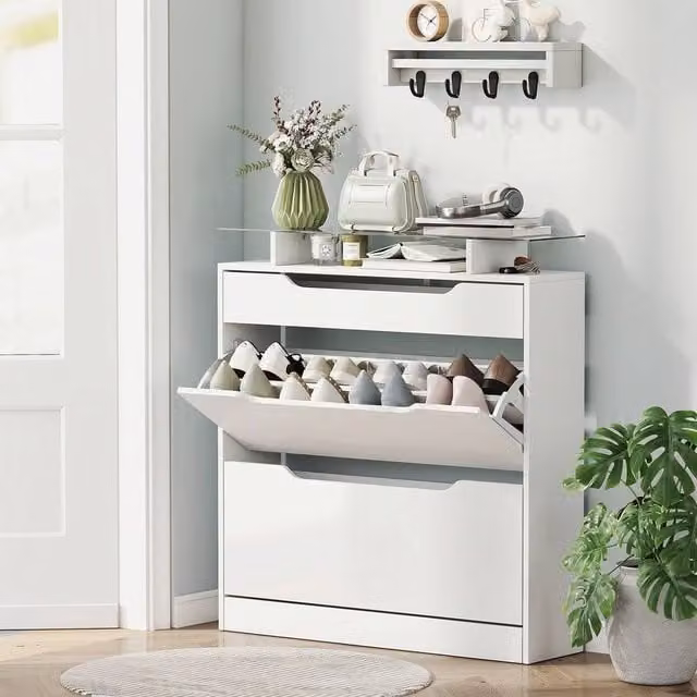 EONLION High Gloss White Shoe Cabinet with Tilting Compartments and Drawers
