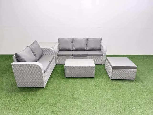 Fimous 6 Seater Grey PE Rattan Wicker Garden Furniture Set with 3 Seater Sofa, 2 Seater Sofa, Ottoman, and Rectangular Coffee Table