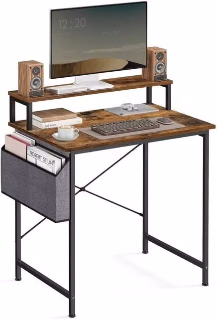 KORVIXA Computer Desk with Monitor Riser and Fabric Pouch in Brown – 1