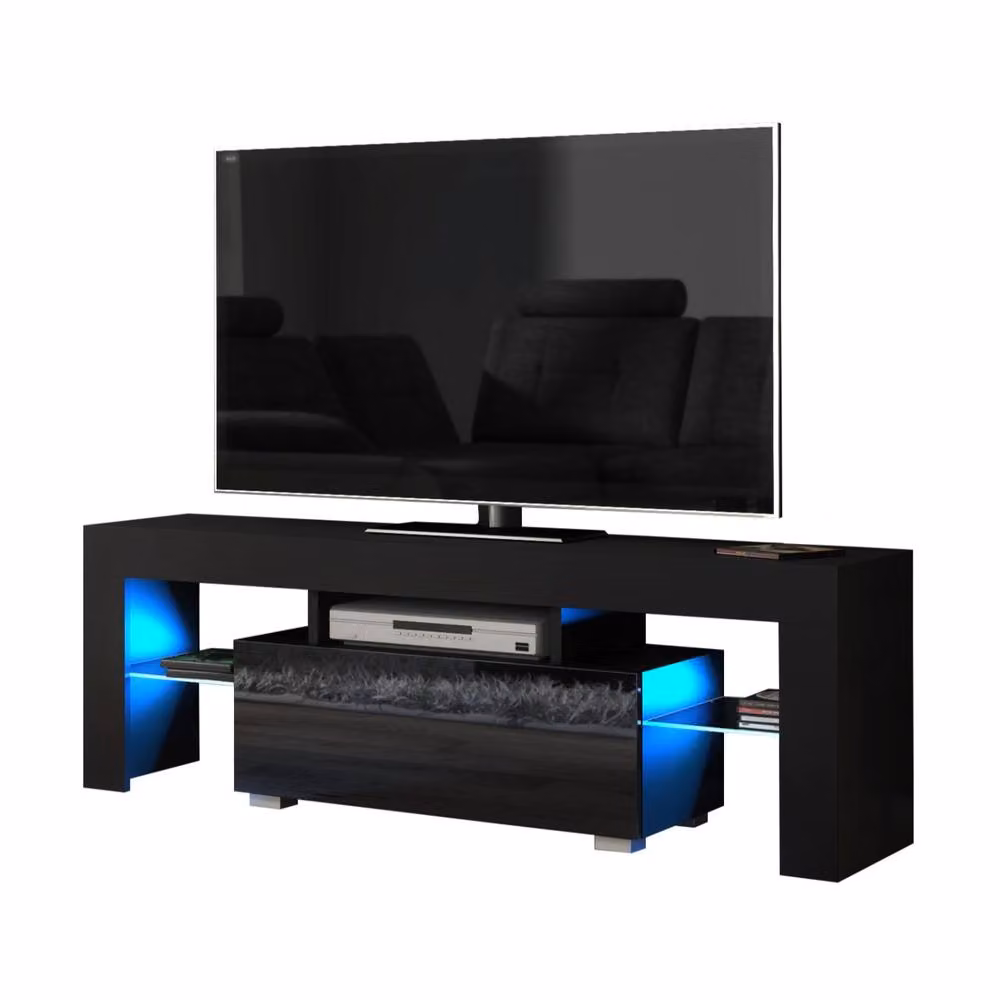 Creative Furniture Floe TV Unit in Black with Glossy Doors and LED Lights, W: 130 cm, H: 45 cm, D: 35 cm – 3