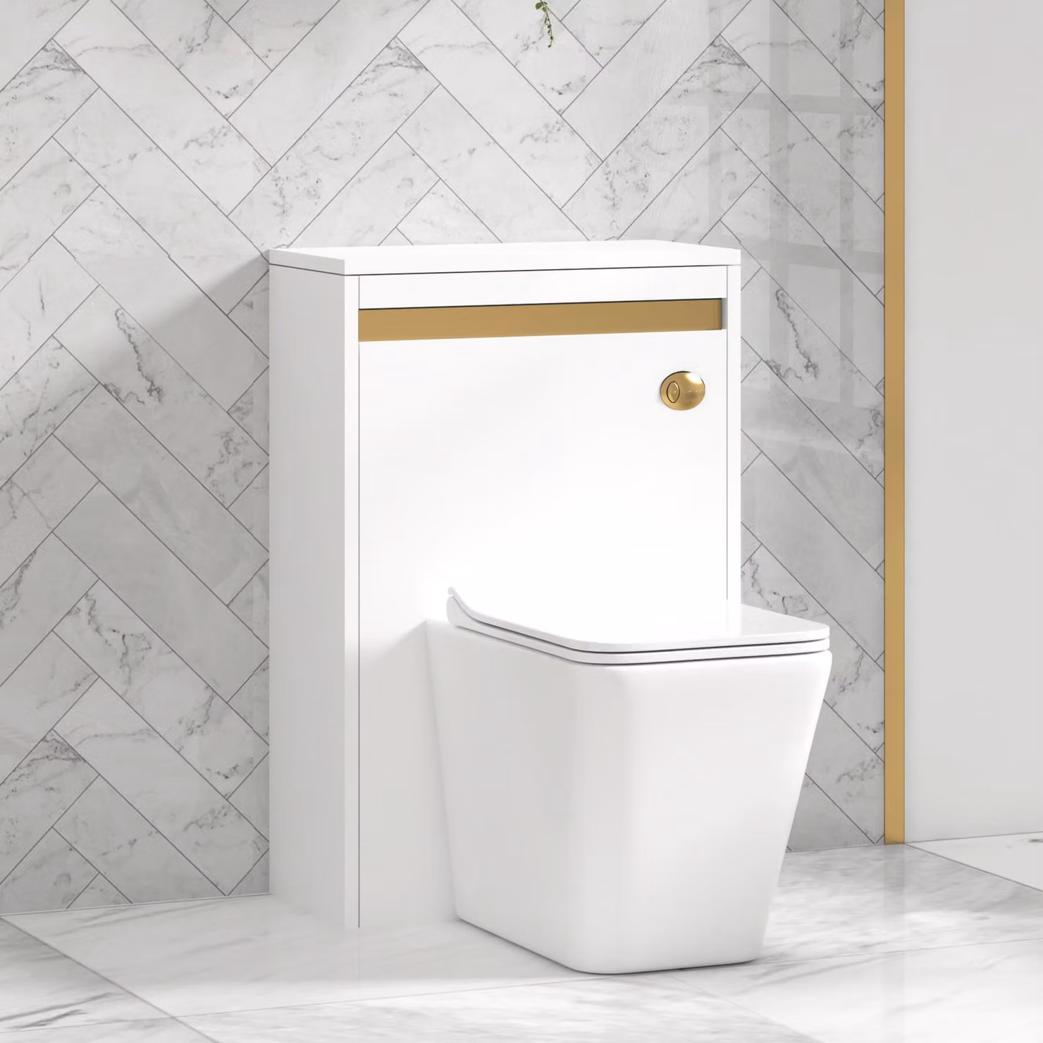 Orion Matt White Wall Mounted Back to Wall WC Unit with Elena Rimless Ceramic Toilet Pan, Slim Soft Close Seat and Cistern with Brushed Brass Accent Trim, Width: 54 cm