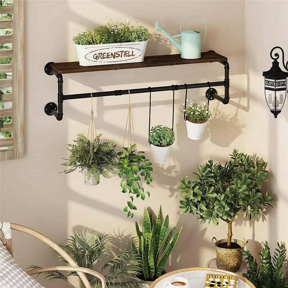 VOGREX Industrial Metal Clothes Rail with Top Shelf in Matt Black – 3