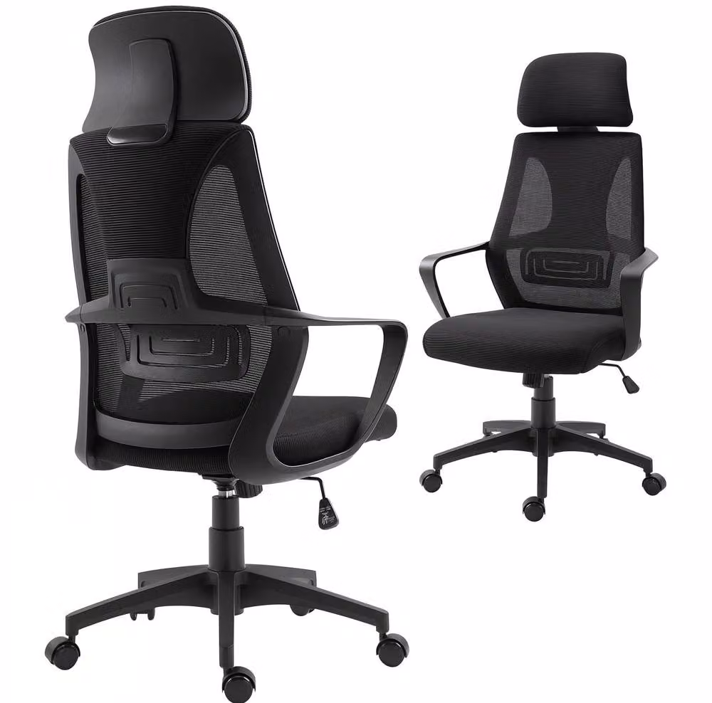 STILVORA Black Fabric Mesh Office Task Chair with Headrest, Armrests and Swivel Function, H 126 x W 120 x D 64 cm – 3