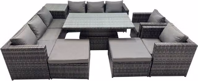 Fimous 10 Seater Outdoor Garden Rattan Furniture Set with Side Table and 2 Stools in Dark Grey