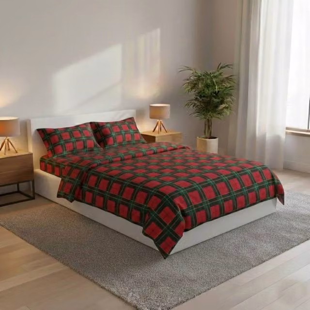 Snug City Red Tartan Flannelette Cotton Duvet Cover and Pillowcase Set, Single