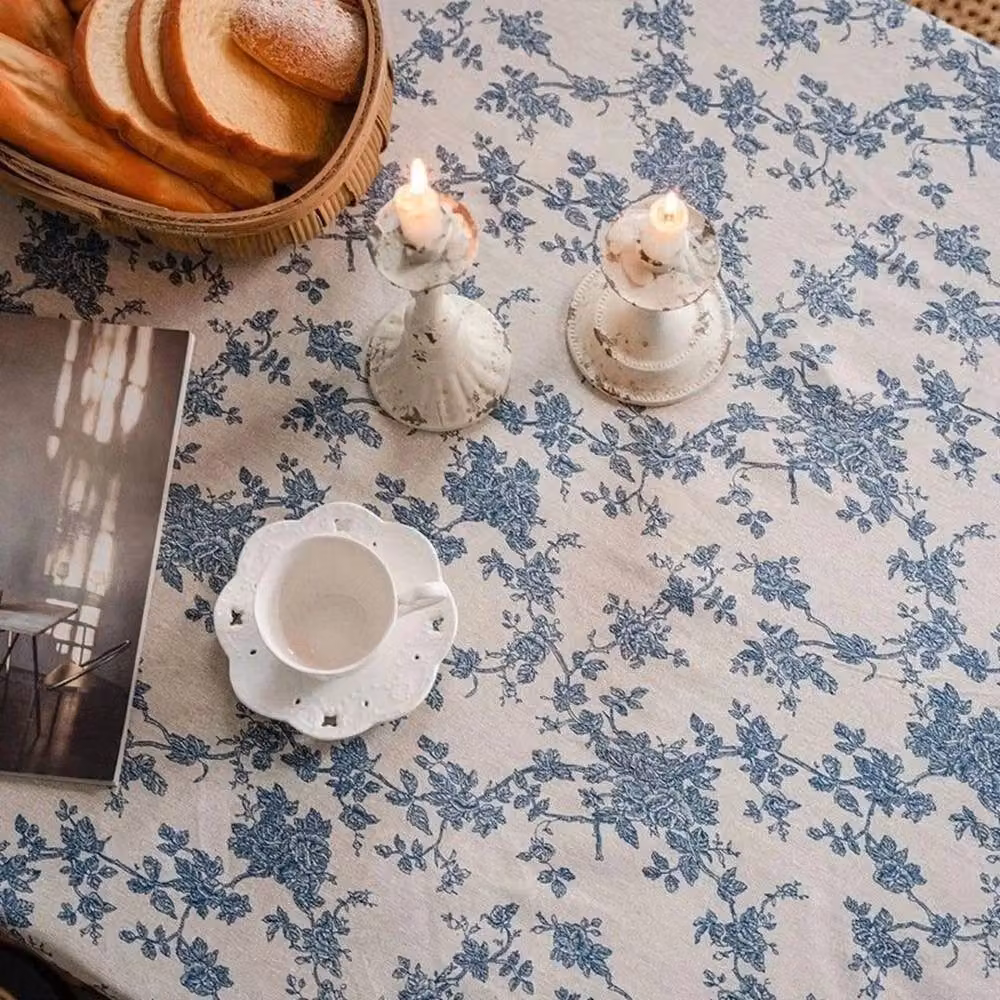 PAWNORA Blue Retro Floral Linen Tablecloth, W: 140 cm, L: 200 cm – 3