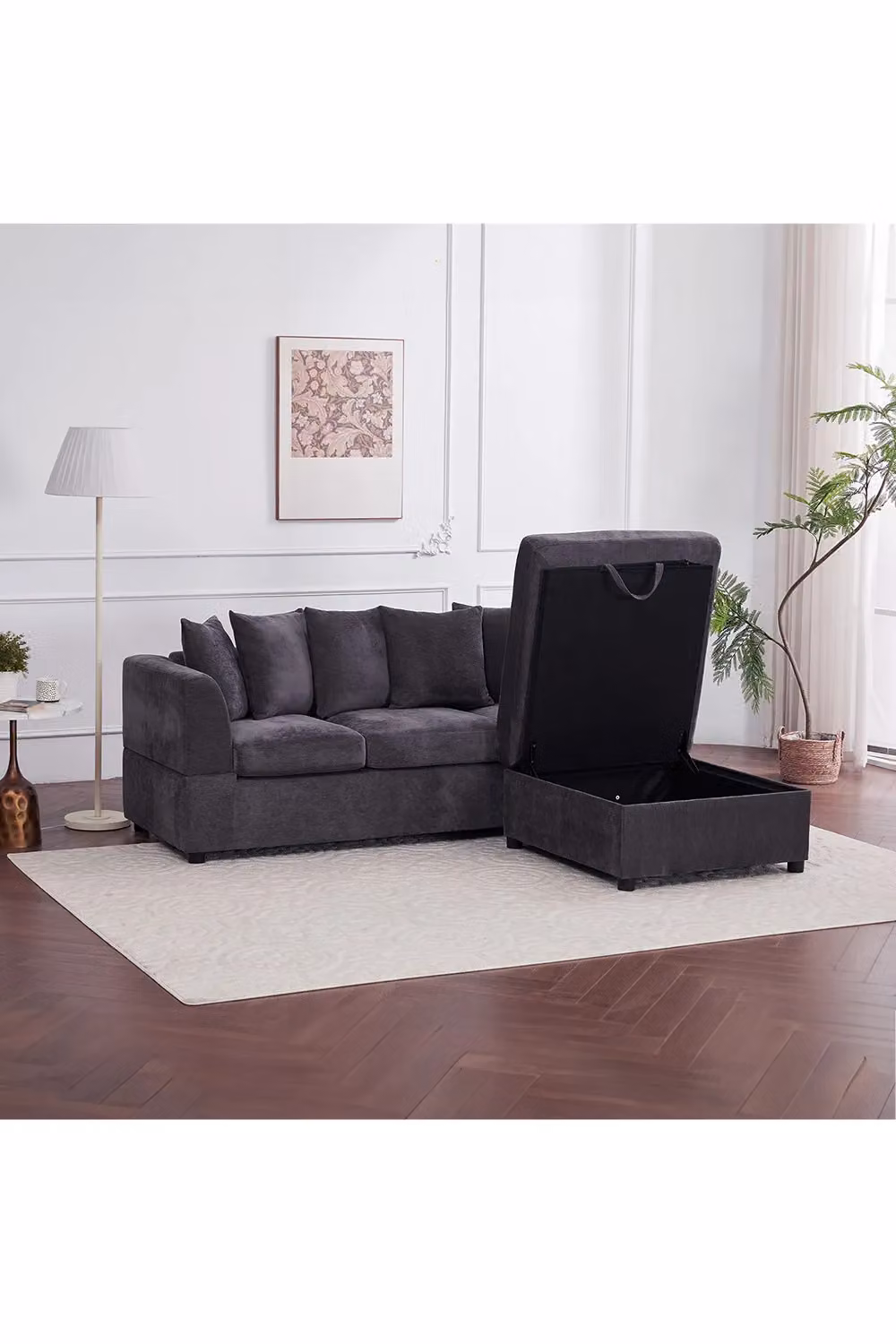 Living and Home Grey Chenille Upholstered 3-Seater Sectional Sofa with Matching Ottoman and 6 Scatter Cushions – 2