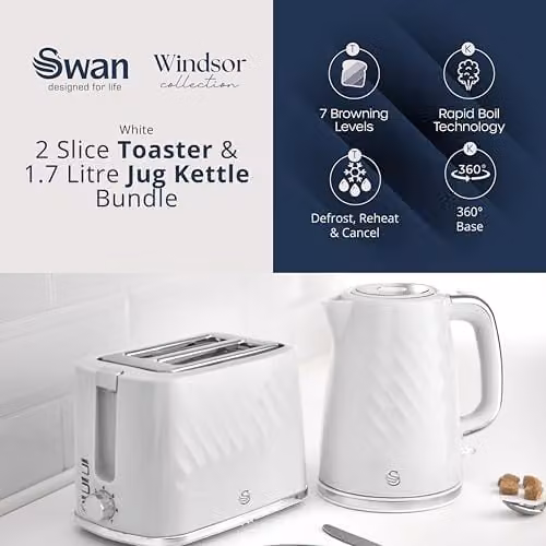 Swan Windsor Kitchen Set in White, including 1.7L Fast Boil Kettle and 2 Slice Toaster – 2