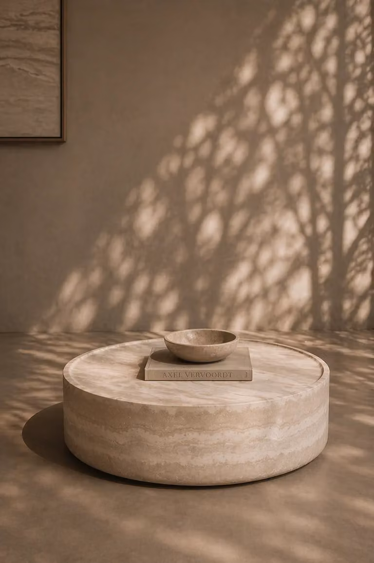 Tommy Franks Ciladro Round Coffee Table in Beige Faux Travertine