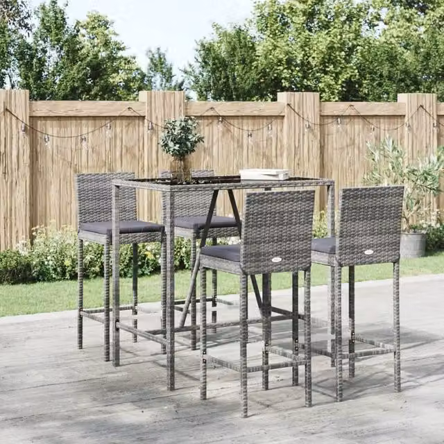 Berkfield Home 5 Piece Grey Poly Rattan Garden Bar Set with Cushions – 1