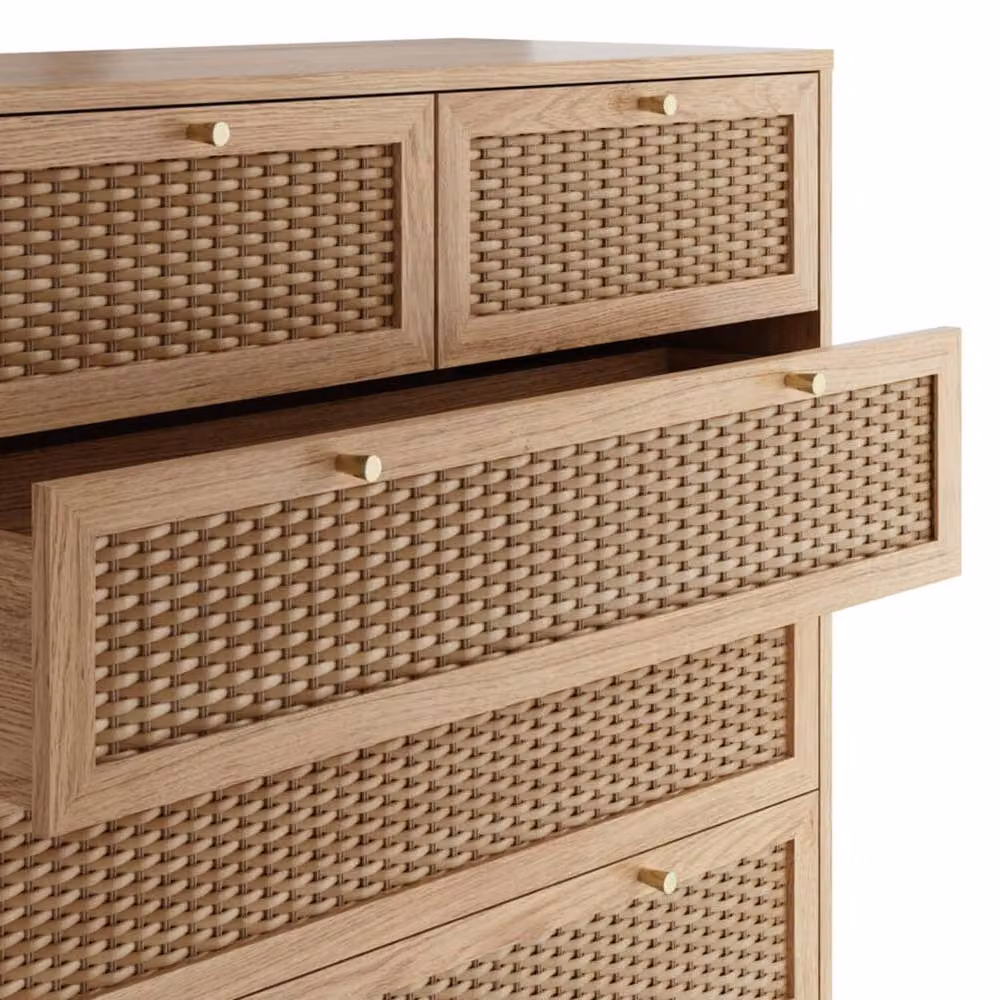 Wyld Haus Waterford 6 Drawer Chest in Oak and Natural Woven Rattan, W/D/H: 109 x 39 x 48.5 cm – 3