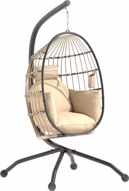 Outsunny Hanging Egg Chair with Stand and Cushions in Beige – 1