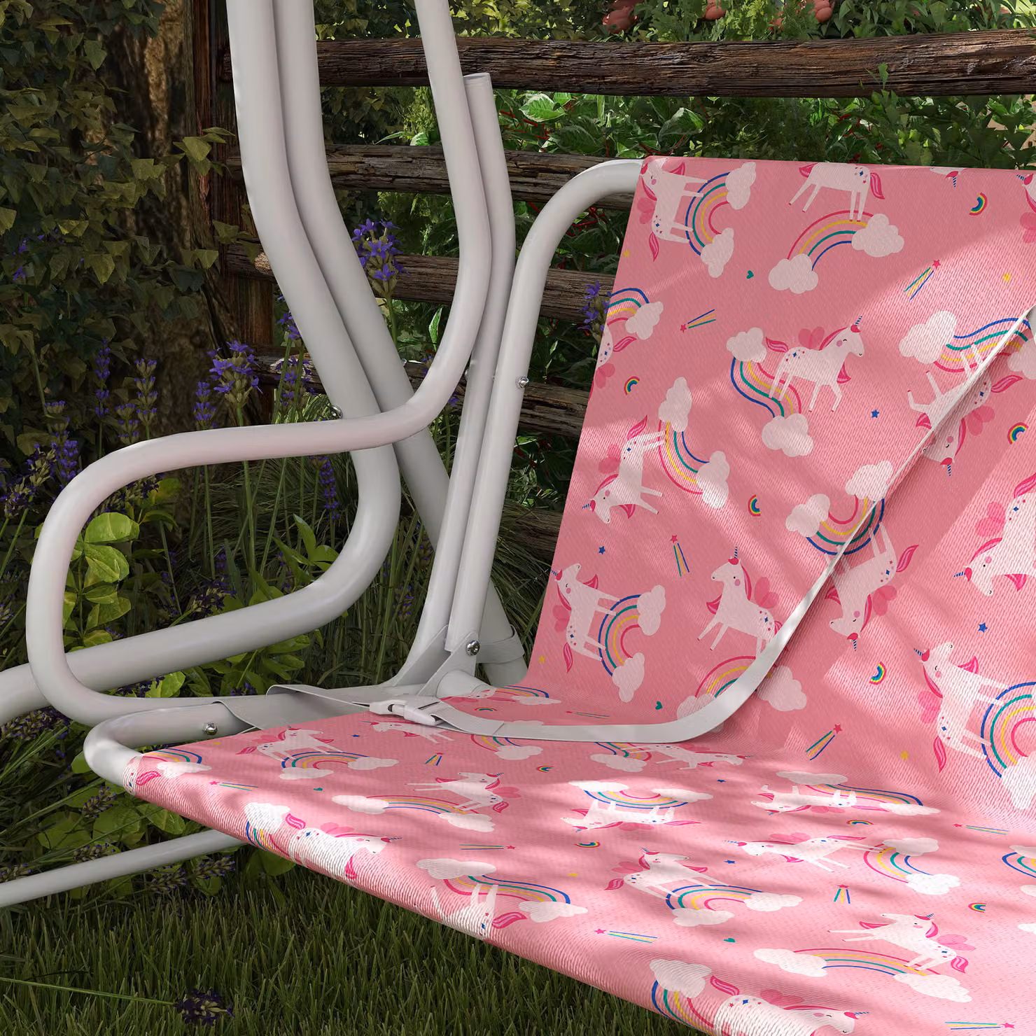 AIYAPLAY 2-Seater Kids Porch Swing Bench with Adjustable Canopy and Seat Belts, Pink – 4