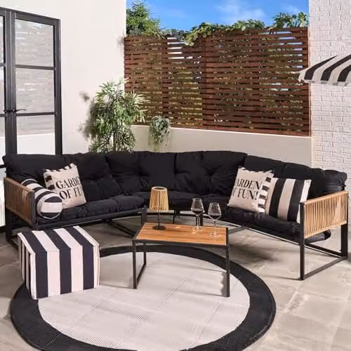 OHS Santorini 5 Seater L-Shape Corner Sofa and Coffee Table Set in Black with Upholstered Cushions – 1