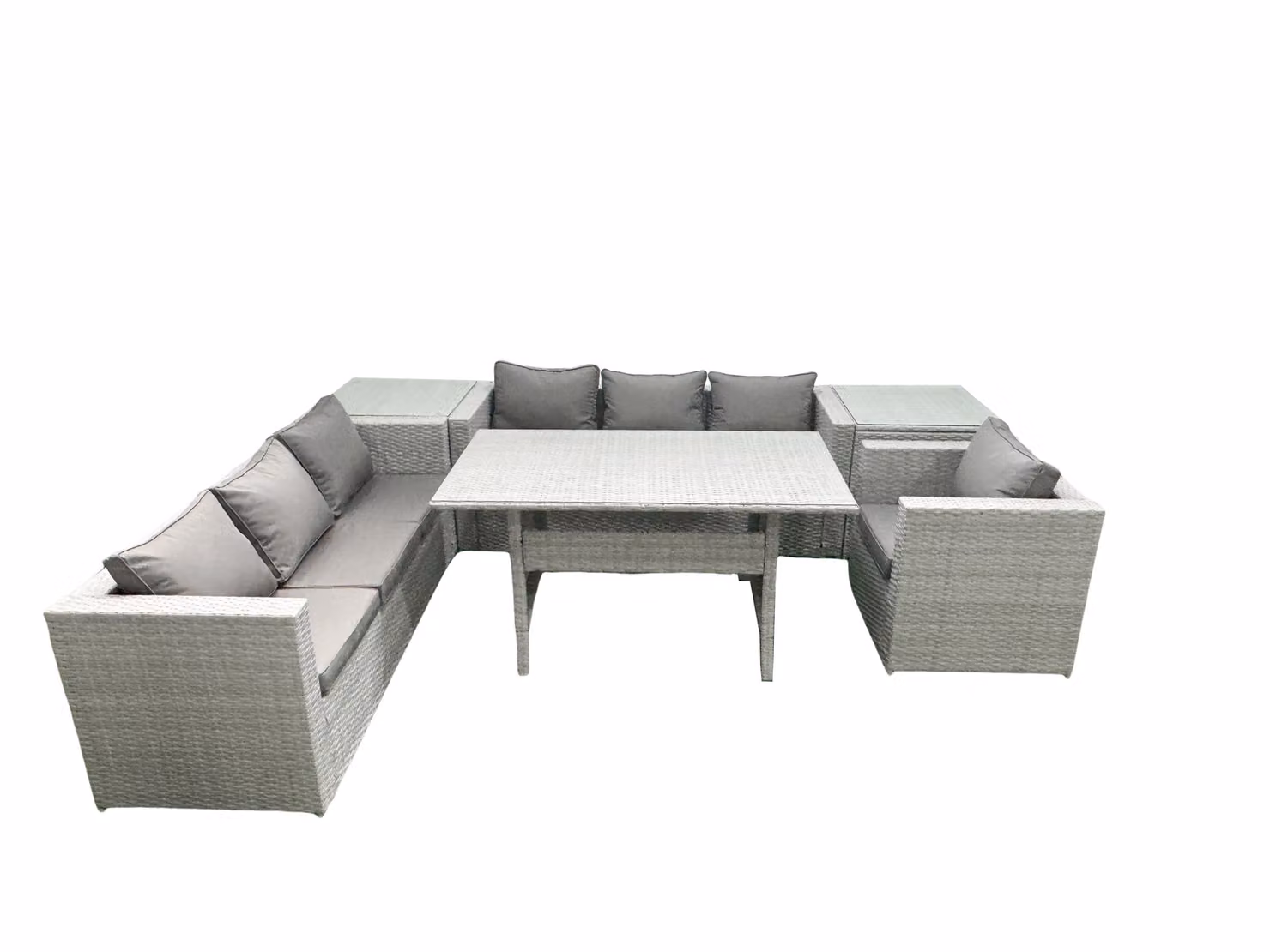 Fimous 6 Piece Outdoor Rattan Sofa Set with Cushions, Armchair, Dining Table and 2 Side Tables in Light Grey – 2