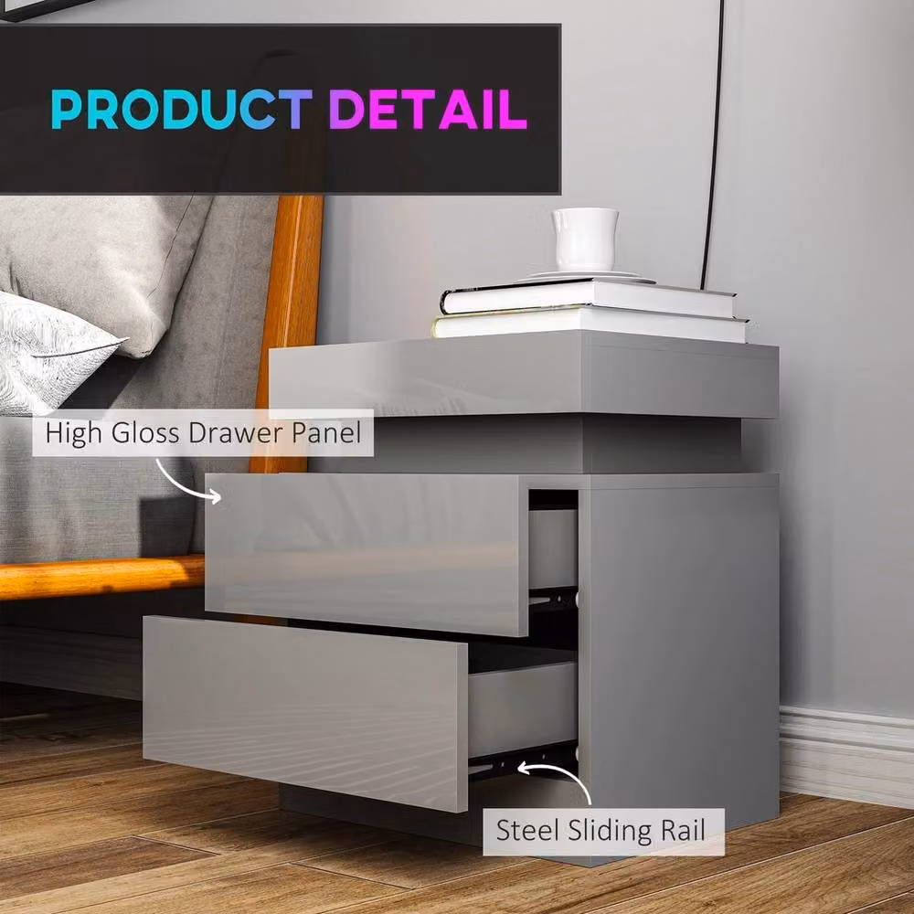 FORGEVIO Grey Bedside Table with High Gloss Front and Integrated Lighting – 4