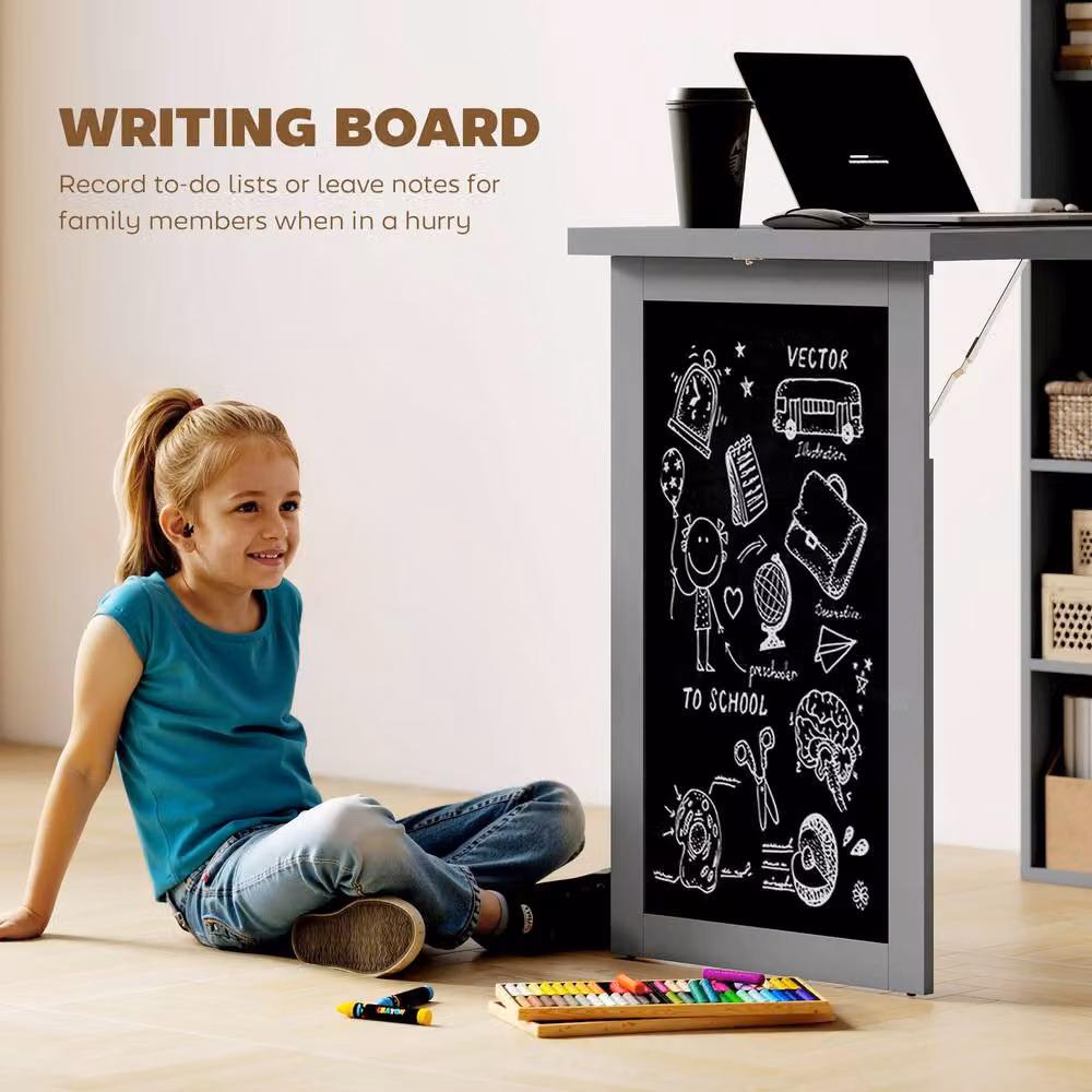 STILVORA Grey Folding Convertible Secretary Desk with Blackboard and Shelves, H 153 x W 98 x D 51 cm – 6