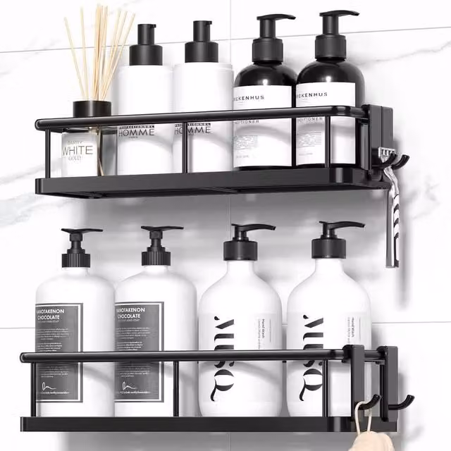 NESTLUNE 2-Piece Black Metal Wall Mounted Corner Bathroom Shelf Set with Hooks – 1