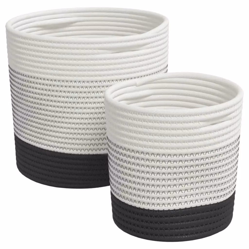 Berkfield Set of 2 Open Weave Cotton Storage Baskets in White and Black with Handles – 2