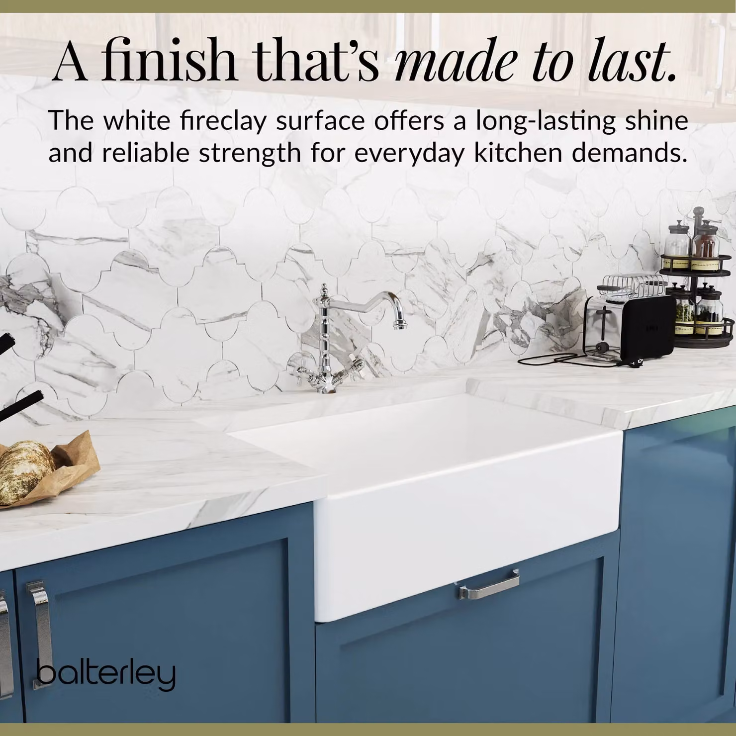 Balterley White Ceramic Fireclay Single Bowl Butler Sink French Classic Tap Waste W: 79.5 cm – 3