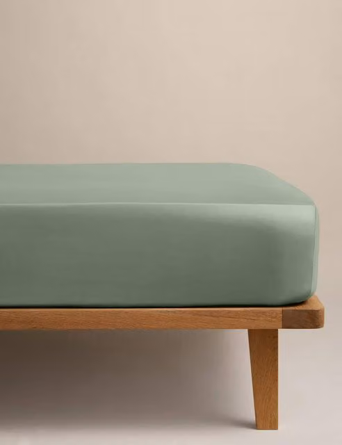 M&S Egyptian Cotton 400 Thread Count Mako Satin Deep Fitted Sheet, Green, W/D/H: 140 x 200 cm