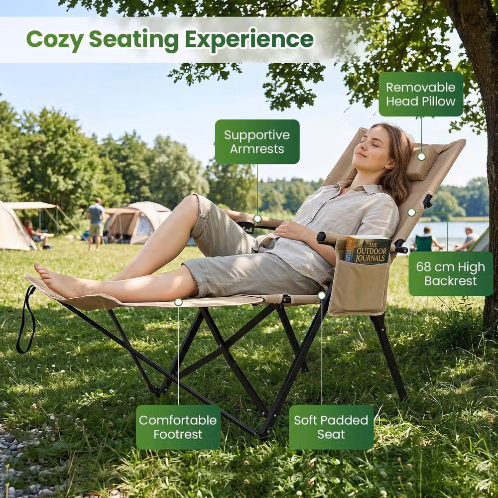Costway 2-in-1 Reclining Camping Chair with Footrest and Adjustable Headrest in Beige – 4