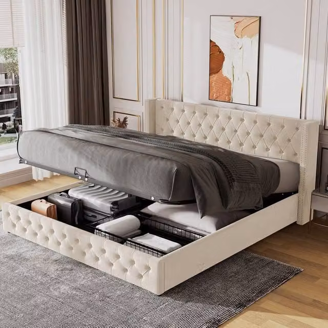 HomeTouch Ambessa King Size Velvet Ottoman Bed Frame with Headboard and Storage in Beige W/D/H: 180 x 200 x 94.5 cm