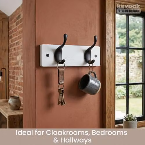 Keypak 2 Matte Black Coat Hooks on White Wooden Board, Width: 22.5 cm – 3