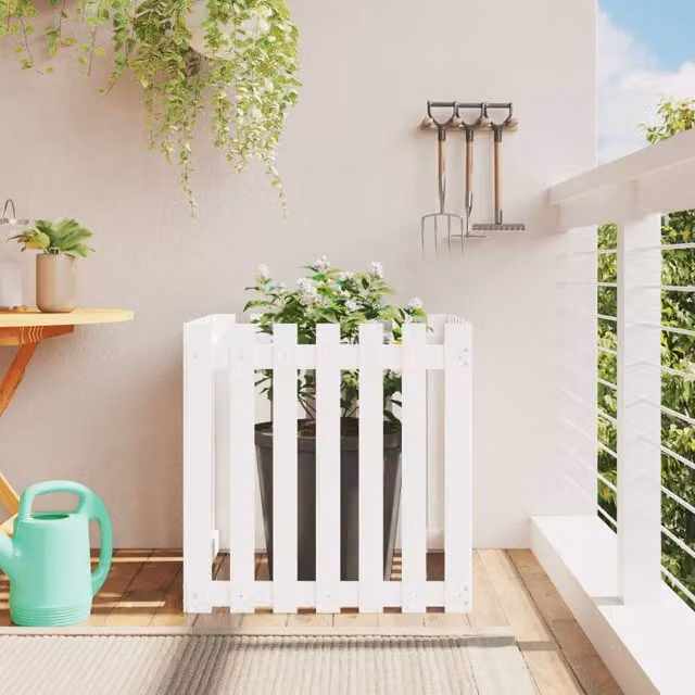 Berkfield Home Garden Planter with Fence Design in White, Solid Pine Wood, W/D/H: 70 x 70 x 70 cm