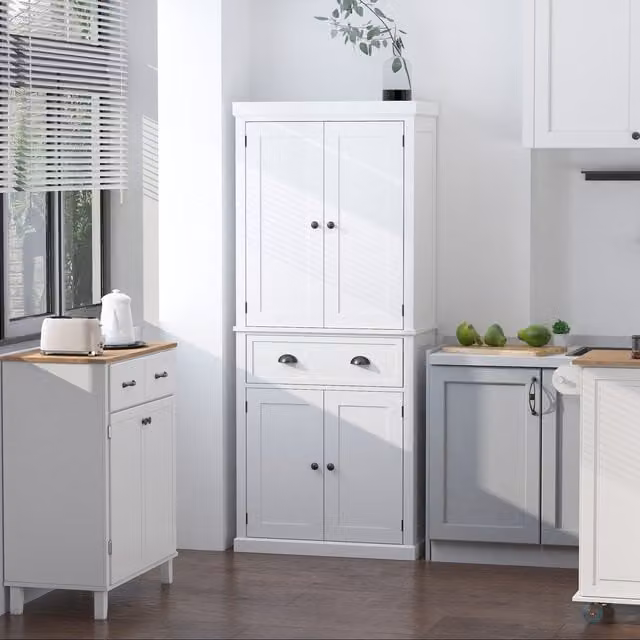 HOMCOM White Freestanding Kitchen Storage Cupboard and Pantry Tall Unit with Hinged Doors and Drawers, H 184 x W 76 x D 40 cm