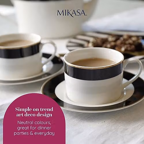 Mikasa Luxe Deco Geometric Bone China Tea Cup and Saucer Set of 2, White and Gold, 200ml – 3