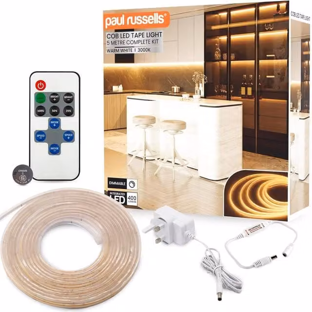 Paul Russells Warm White COB LED Strip, 25W, 5 Metre, IP65, Dimmable and Cuttable
