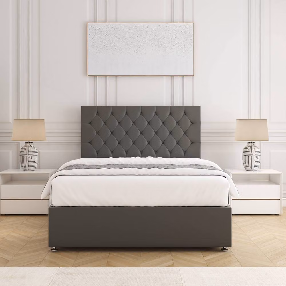 BSSPOKE Mia Small Double Plush Velvet Divan Bed with 2 Drawers and 24 inch Headboard and Mattress in Grey, W/D/H: 120 x 200 cm
