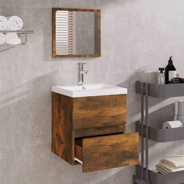 Berkfield Home Modern Wall Mounted Bathroom Cabinet with Mirror in Smoked Oak Brown, W/D/H: 45.0 x 38.5 x 41.0 cm
