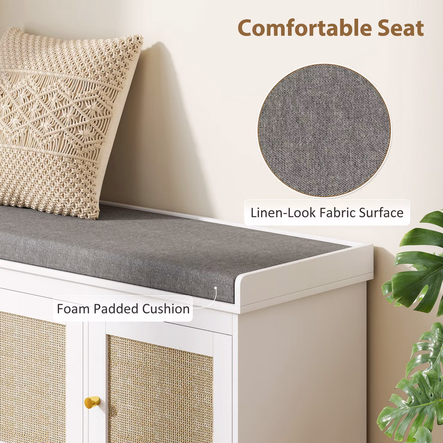 HOMCOM Boho Shoe Storage Bench with Woven Rattan Doors in White – 2