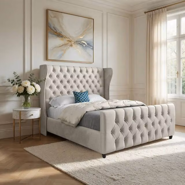 Casani Horley Upholstered Velvet Designer Bed Frame in Beige, Size: Single (90 x 200 cm)