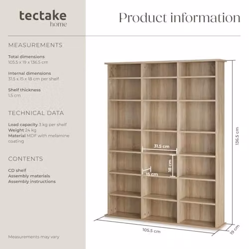 tectake CD Storage Unit in Light Wood with Adjustable Shelves and Media Compartments, H 136.5 x W 105.5 x D 19.0 cm – 3
