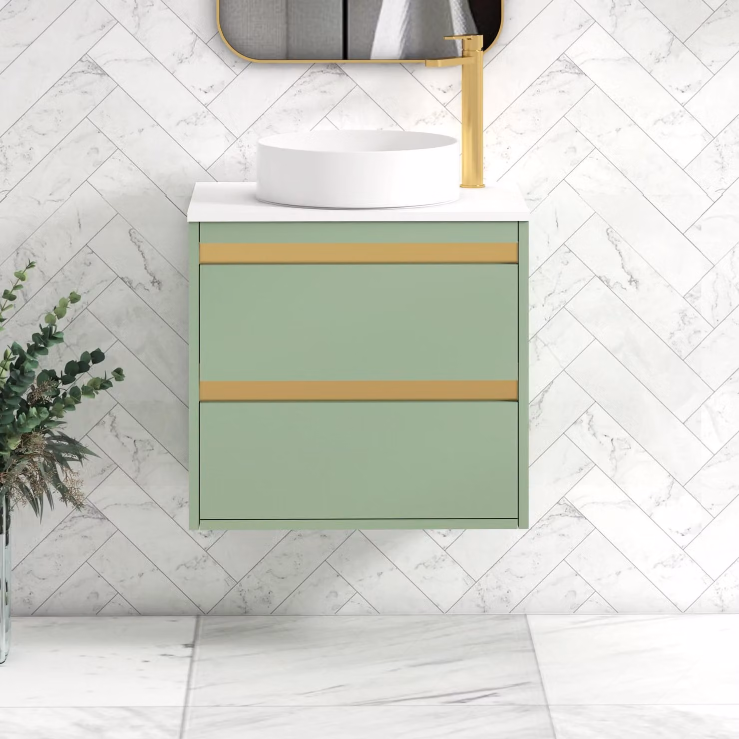 Royal Bathrooms Orion 600mm Mint Sage Wall Hung Vanity Unit with 2 Drawers, White Art Basin and Brushed Brass Accent Trim