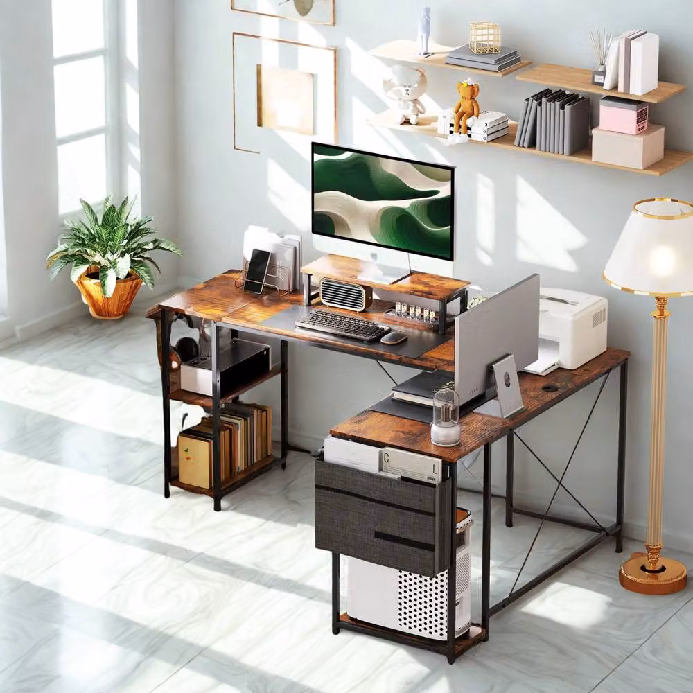FURNOS Industrial L Shaped Corner Computer Desk in Brown, W/D/H: 168 x 120 x 76 cm – 3