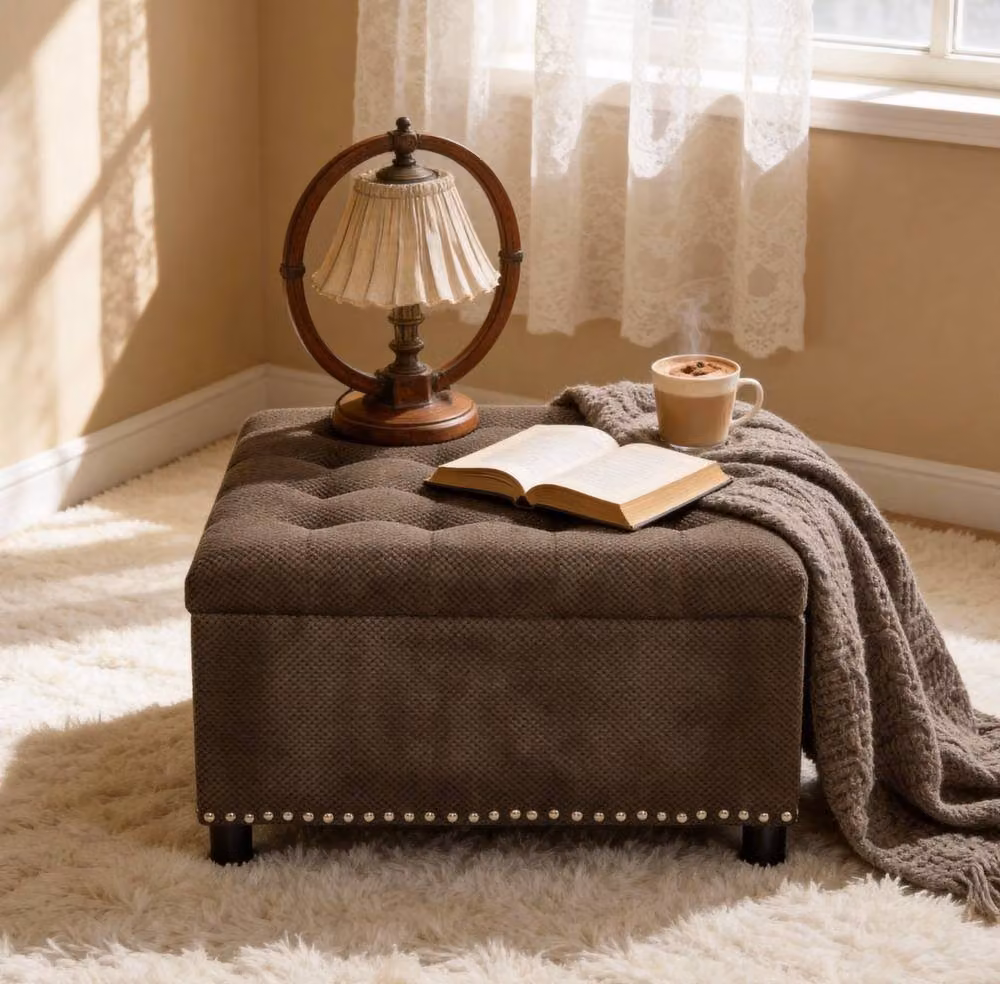 STILVORA Brown Fabric Storage Ottoman Stool with Hidden Storage and Wood Frame – 2