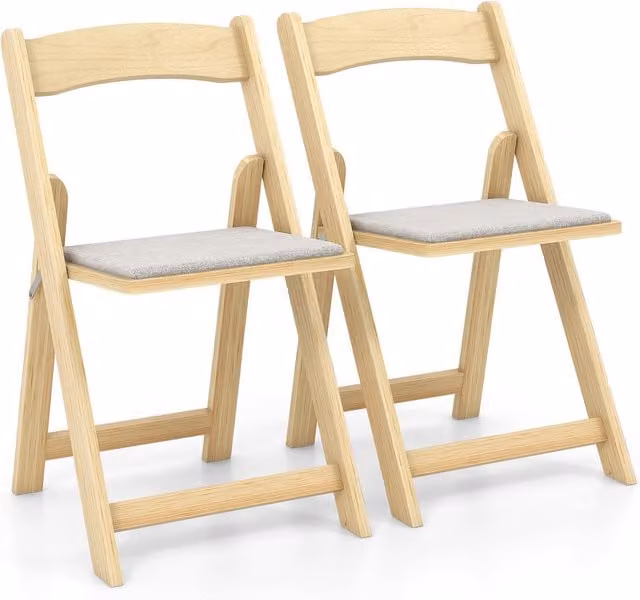 Costway Set of 2 Foldable Scandinavian Dining Chairs in Natural Rubberwood with Fabric Seat